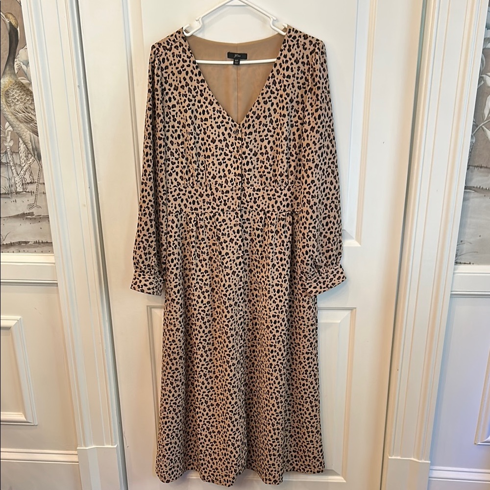 J. Crew Tall Long Sleeve Animal Print Dress with covered button & waist details